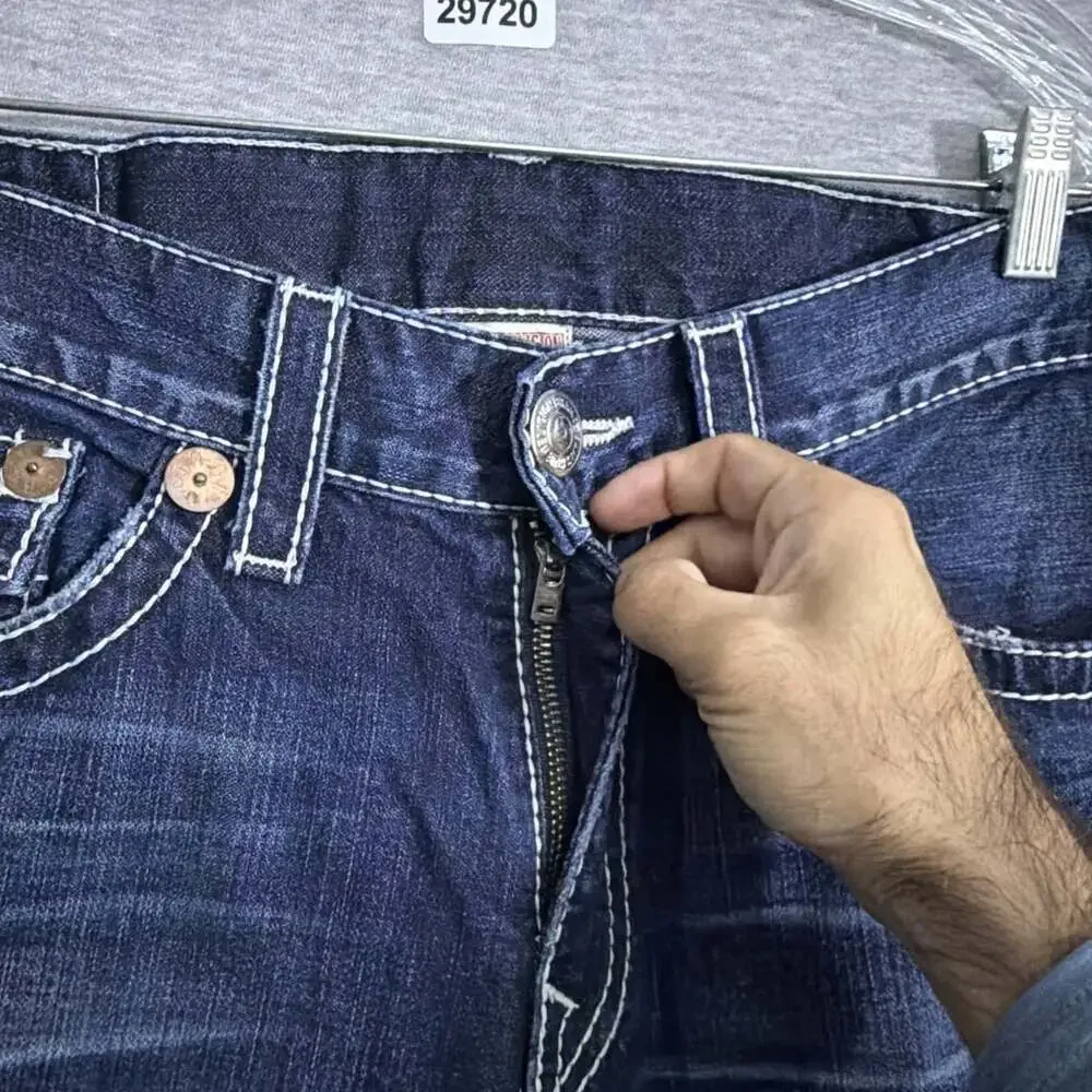 True Religion Men's 36 Blue Denim Ricky Big T Straight Leg Flap Pocket Jeans
